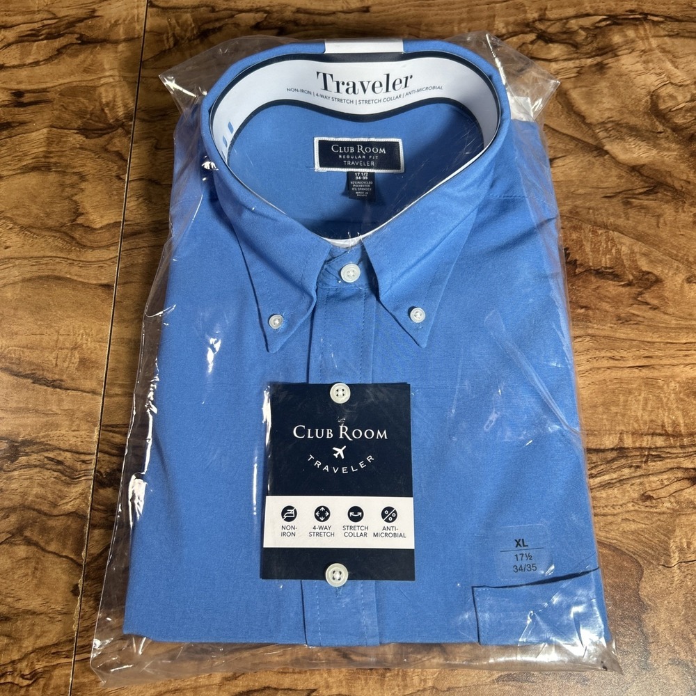 NWT Club Room Shirt Men's XL 17.5 34/35 Blue Traveler Regular Fit 4 Way Stretch